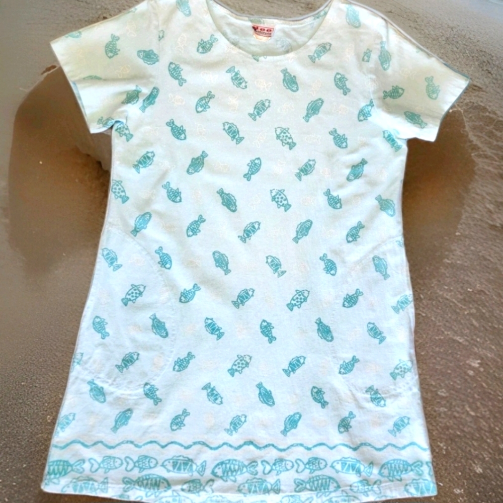 VTG Dee California T Shirt Dress Size Large Petite Fish Print On Aqua